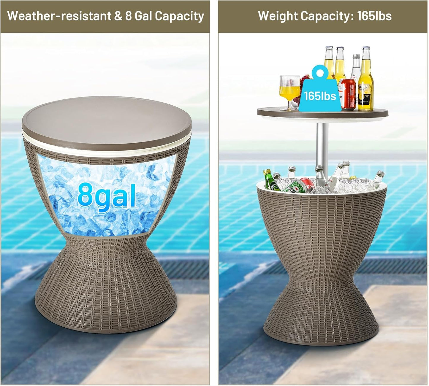 Outdoor Cool Bar Table, Rattan Style Patio 8 Gallon Beer and Wine Cooler, All-Weather Ice Bucket W/Height Adjustable Top, Drainage Plug, 3-In-1 Cocktail Coffee Table for Party, Pool (Coffee)