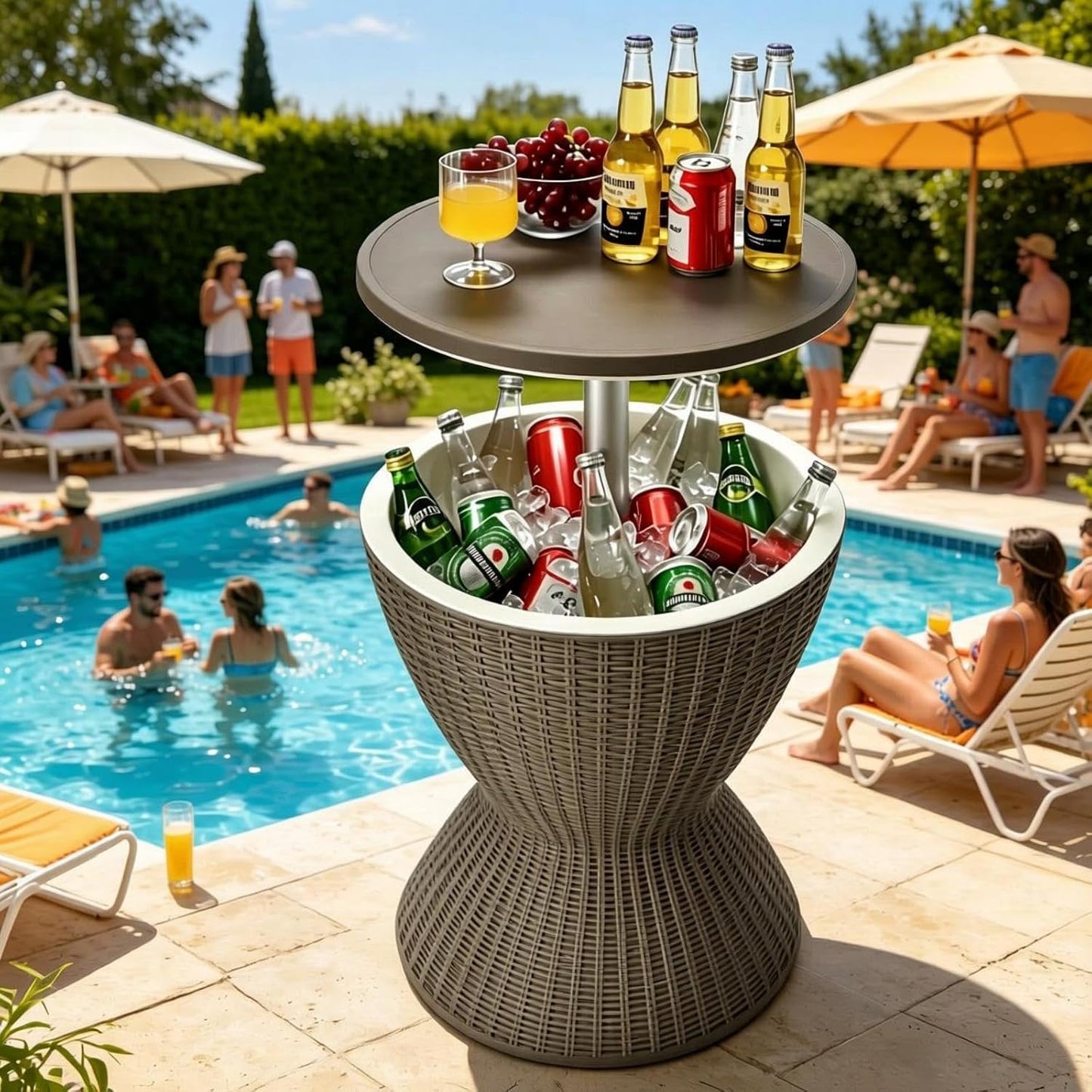 Outdoor Cool Bar Table, Rattan Style Patio 8 Gallon Beer and Wine Cooler, All-Weather Ice Bucket W/Height Adjustable Top, Drainage Plug, 3-In-1 Cocktail Coffee Table for Party, Pool (Coffee)