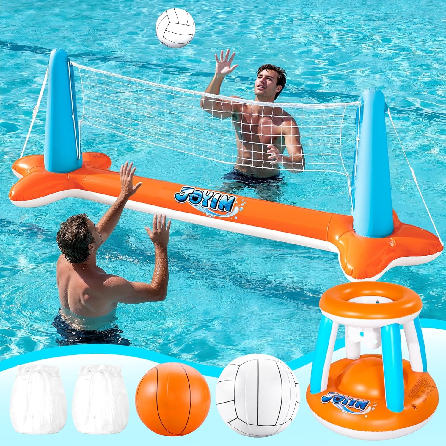 XL Inflatable Pool Float Set, 125'' Volleyball Net & Basketball Hoops, Extra Large Floating Swimming Game Toy for Kids and Adults, Summer Floaties, Volleyball Court|Basketball, Xl-Orange