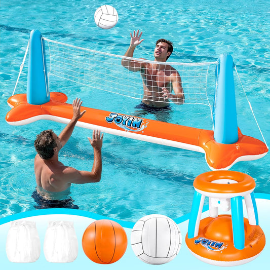 XL Inflatable Pool Float Set, 125'' Volleyball Net & Basketball Hoops, Extra Large Floating Swimming Game Toy for Kids and Adults, Summer Floaties, Volleyball Court|Basketball, Xl-Orange