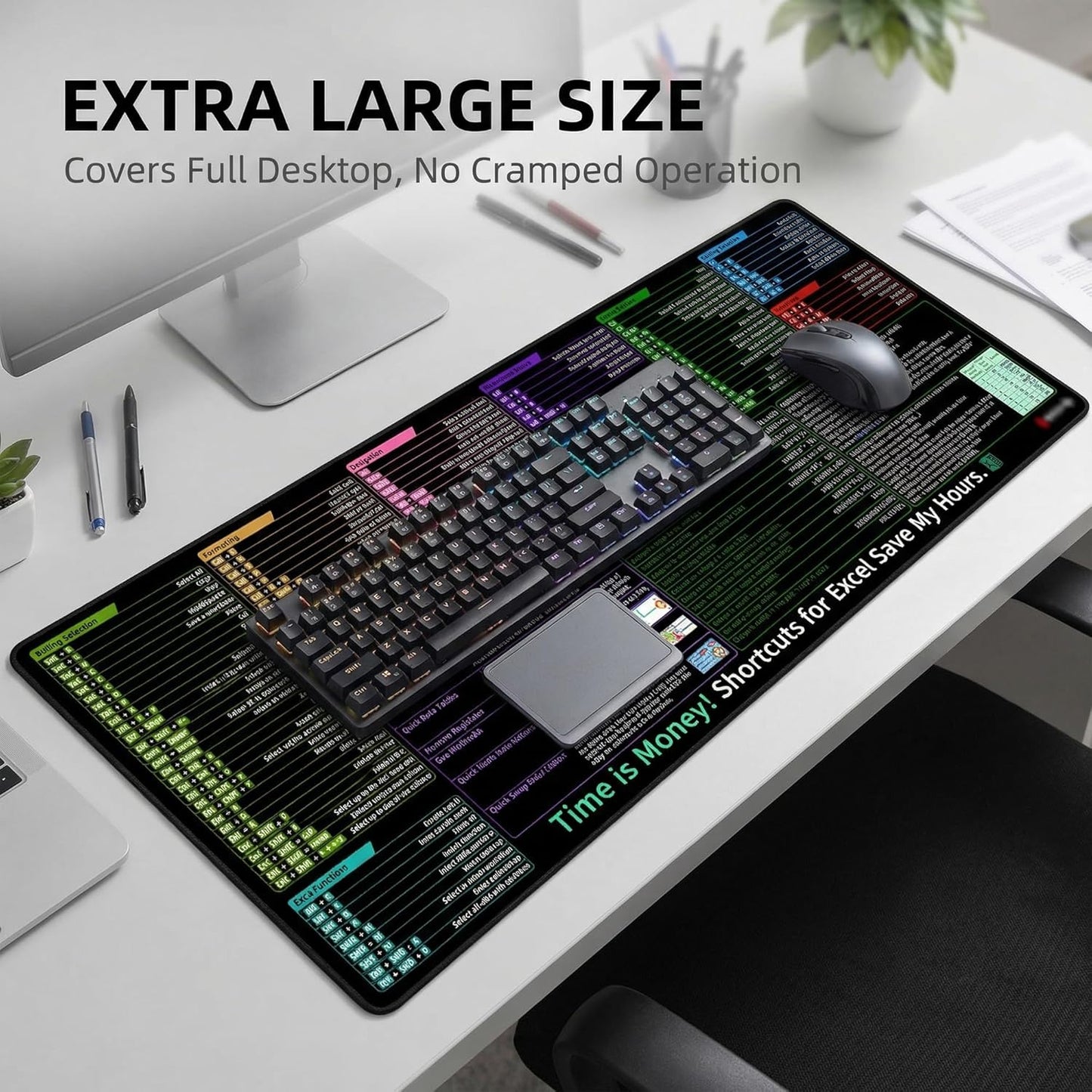 Excel Shortcut Keys Mouse Pad, Extended Large Desk Mat (31.5X11.8 Inch) with Non-Slip Base & Washable Surface for Gaming, Computer, Office Desk
