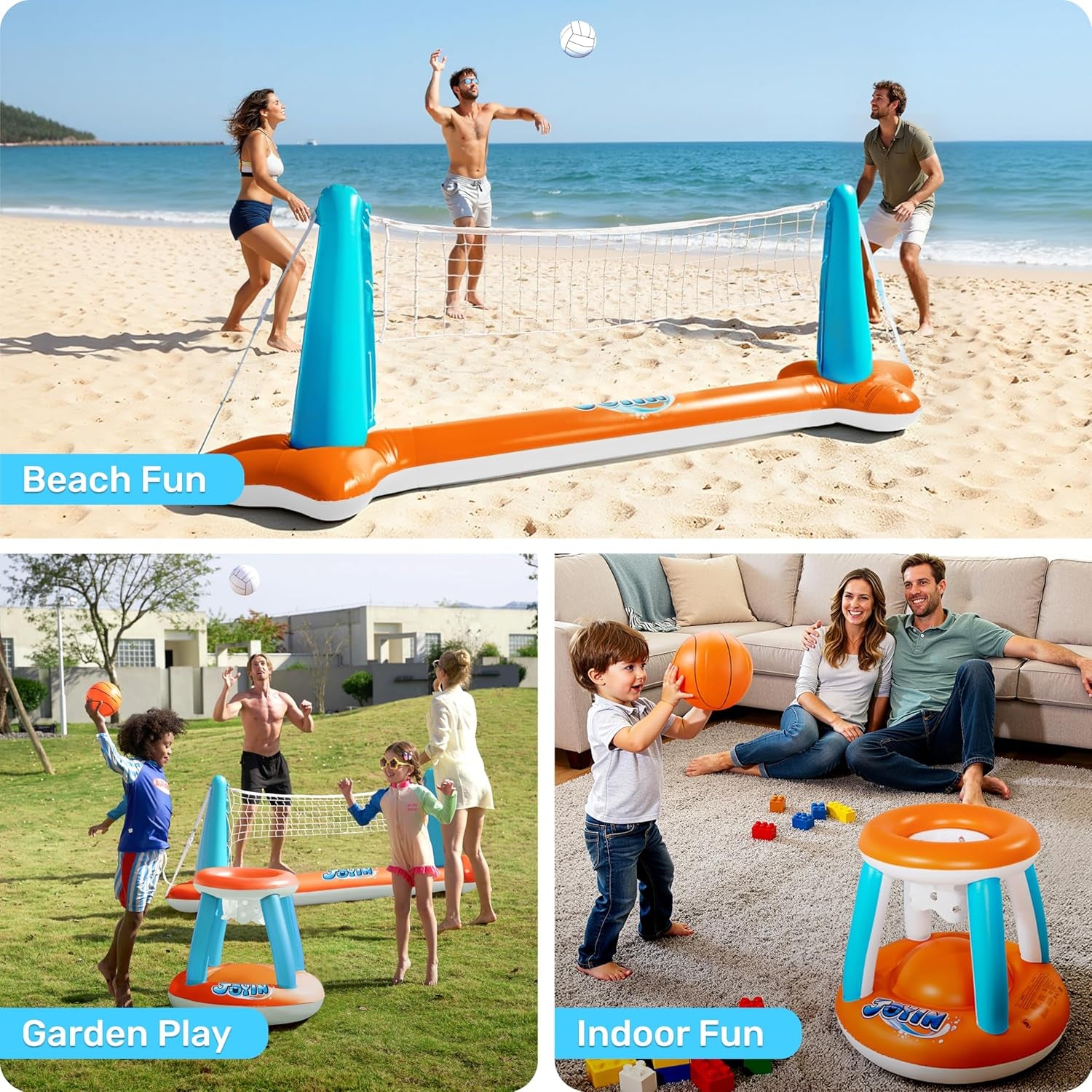 XL Inflatable Pool Float Set, 125'' Volleyball Net & Basketball Hoops, Extra Large Floating Swimming Game Toy for Kids and Adults, Summer Floaties, Volleyball Court|Basketball, Xl-Orange